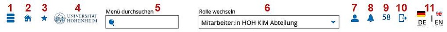 Screenshot der Kopfzeile bei breitem Browserfenster (in HohCampus angemeldet). Alle 11 Elemente sind nummeriert. (Erklärungen im Webseiten-Text)